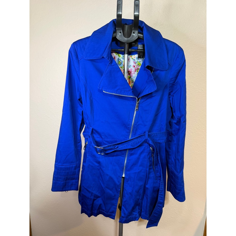 Black Rivet Royal Blue Moto Trench Coat Floral Lining Belted Jacket XL